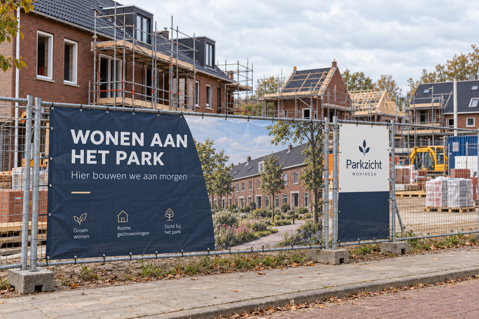 Bedrukte bouwhekdoeken rond een bouwproject